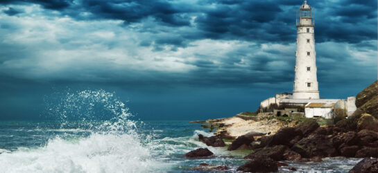 Stormy sky over lighthouse sits on the edge of the Crimean peninsula