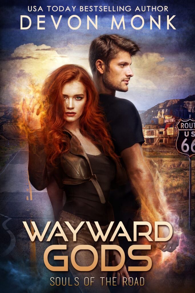 Cover of Wayward Gods, red haired woman standing facing viewer with magic in her raised hand, dark haired man behind her, looking right, with magic in his lowered hand.