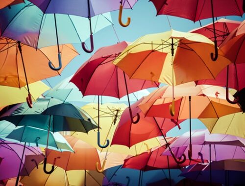 Colorful Umbrellas in a blue sky